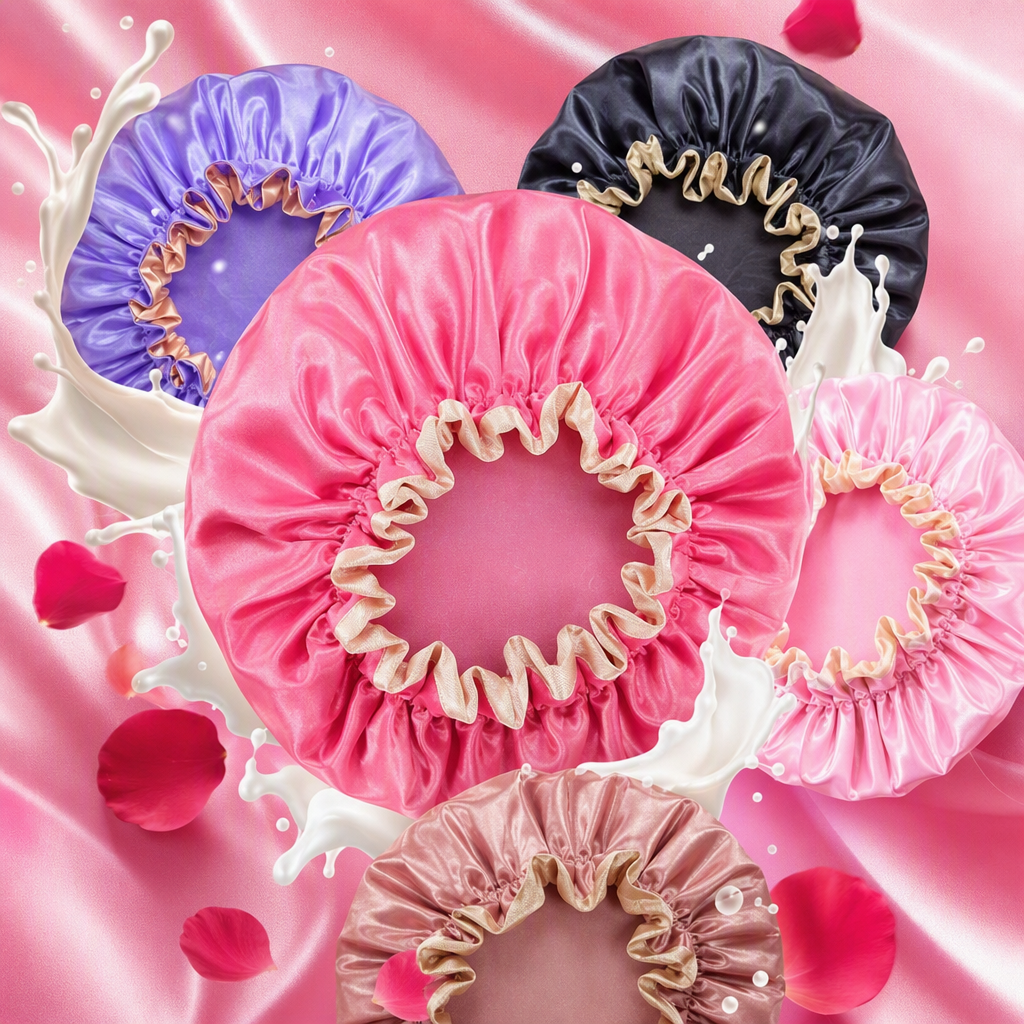 The shower caps come in a variety of colors. They feature elastic openings and smooth fabric, making them suitable for various scenarios such as sleeping, washing the face, and taking a bath details Picture