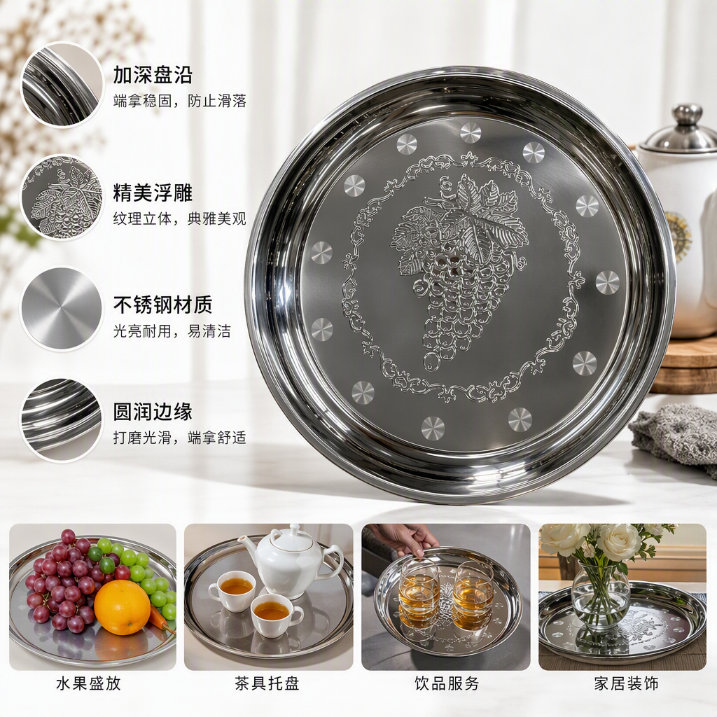 银色金属托盘葡萄雕花卷草纹工艺装饰餐盘家居摆件礼品赠品