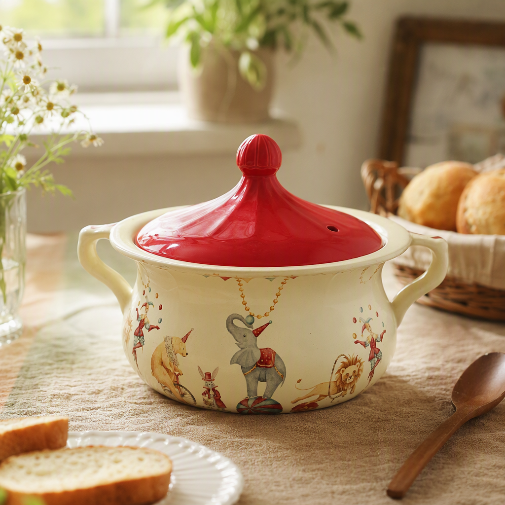 The multi-color ceramic pot with beige patterns and a red lid is a kitchen pot for stewing soup and stir-frying. It is multi-functional, heat-resistant and durable details Picture