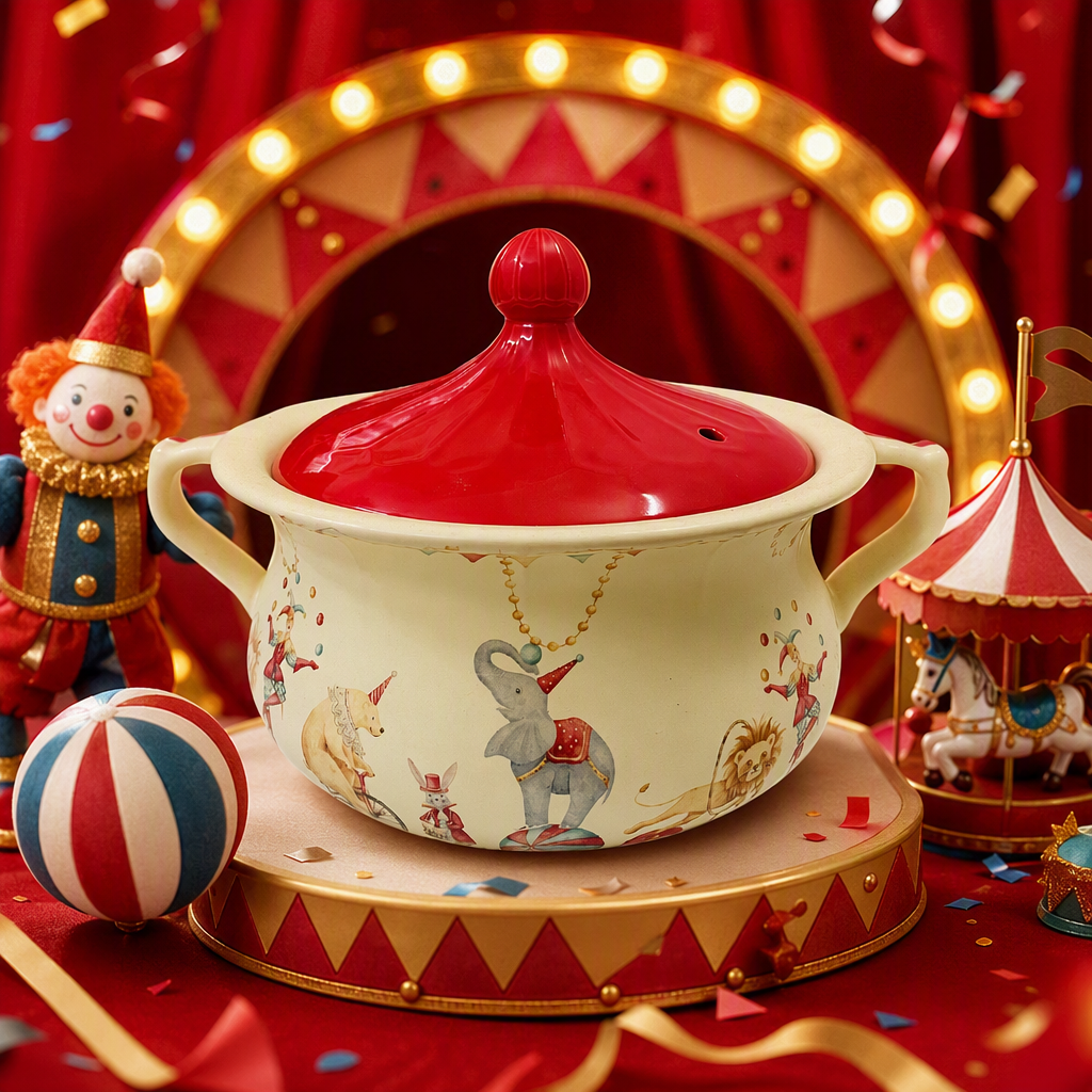 The multi-color ceramic pot with beige patterns and a red lid is a kitchen pot for stewing soup and stir-frying. It is multi-functional, heat-resistant and durable Specification image