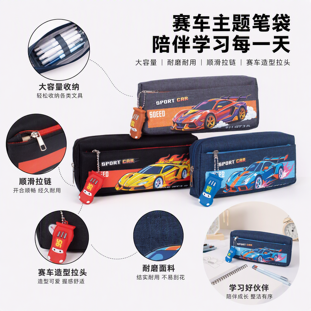 Racing-themed multi-functional stationery storage box, student pen case, creative portable pen case details Picture