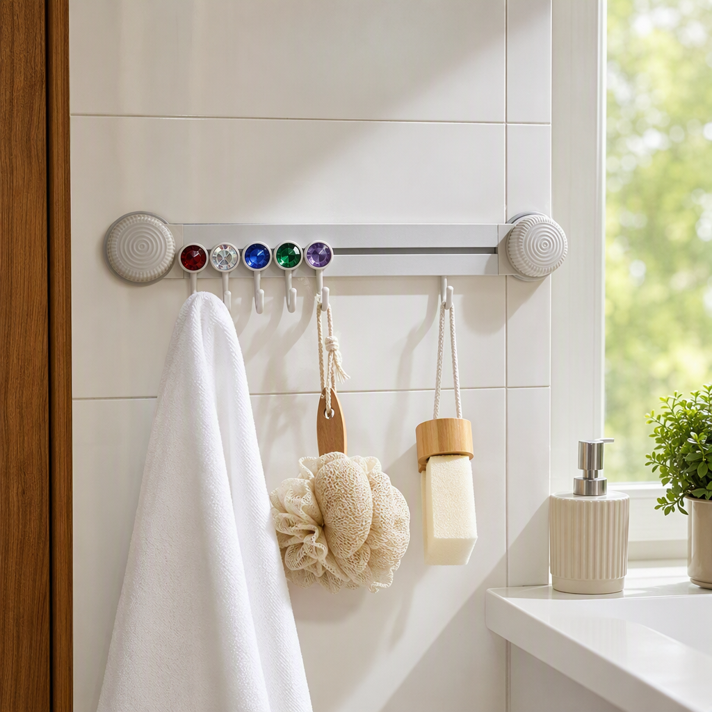 Blanco ventosa gancho rack cinco ganchos piedras preciosas de color decoración cocina baño almacenamiento gancho simple y práctico details Picture