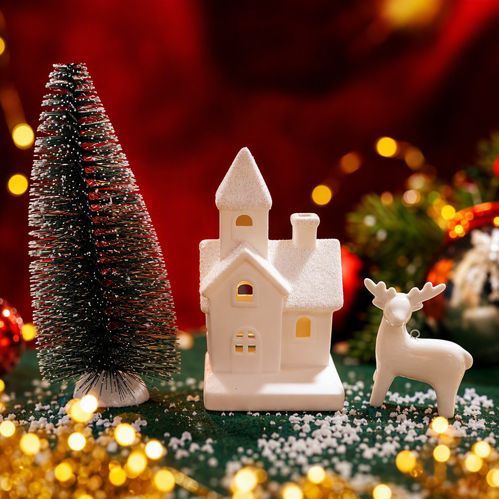White Christmas house, white reindeer ornaments, green cedar trees, festive decorations, Christmas home arrangements, Christmas gifts Specification image