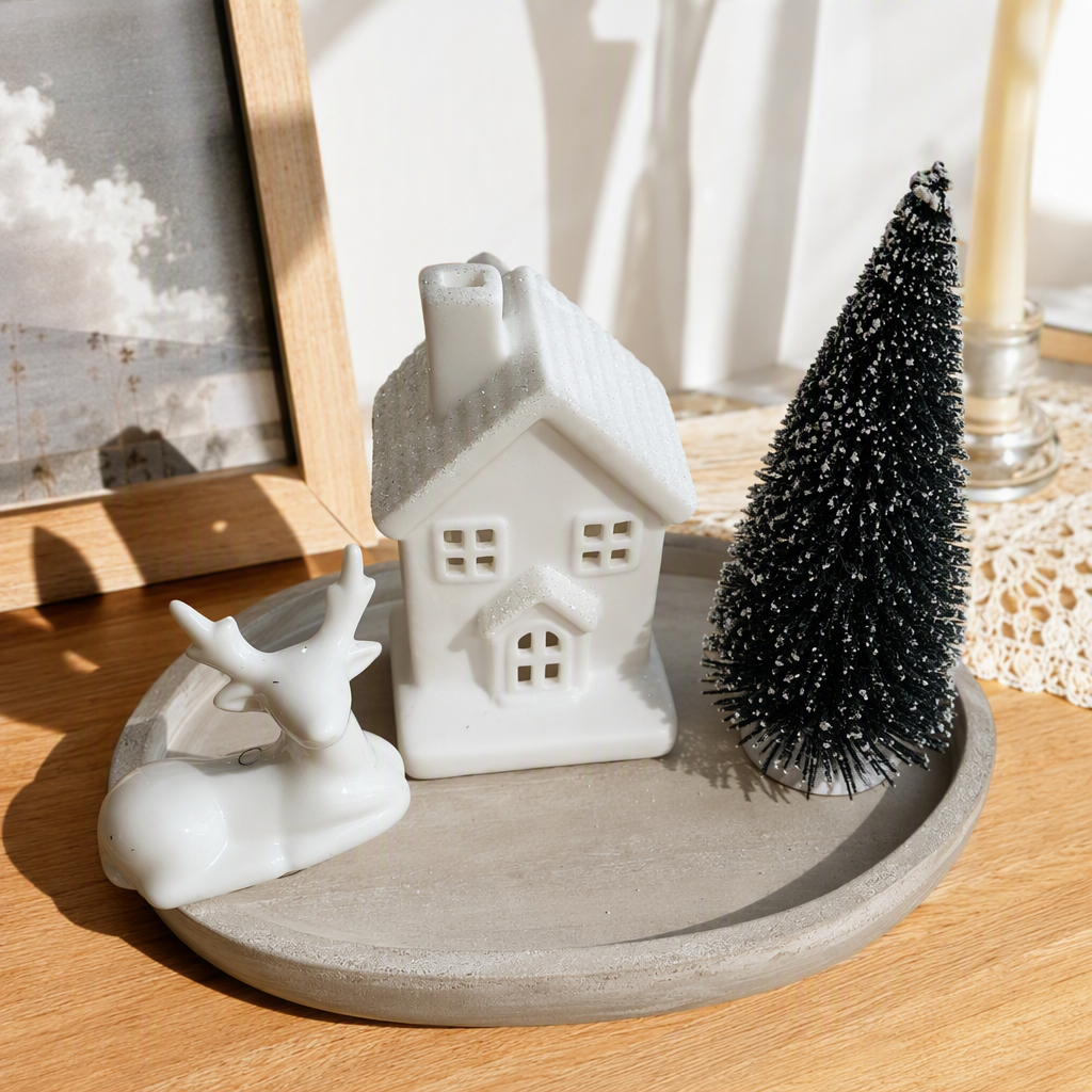 White House, white reindeer, black Christmas tree, Christmas decorative items, festive atmosphere home decorations details Picture