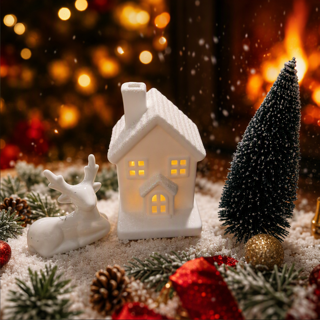 White House, white reindeer, black Christmas tree, Christmas decorative items, festive atmosphere home decorations Specification image