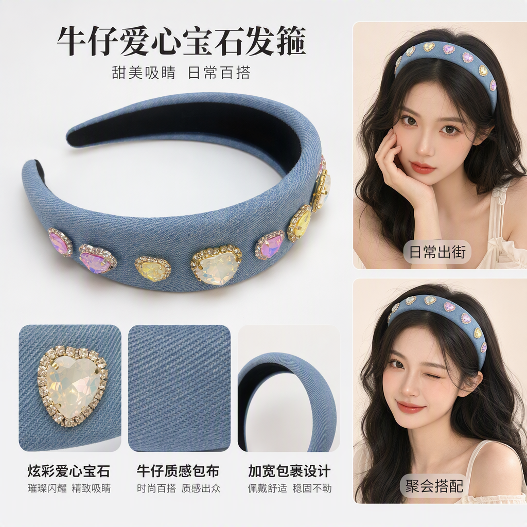 时尚浅蓝色绒面发箍镶彩色心形水钻椭圆装饰韩版简约发饰头饰品