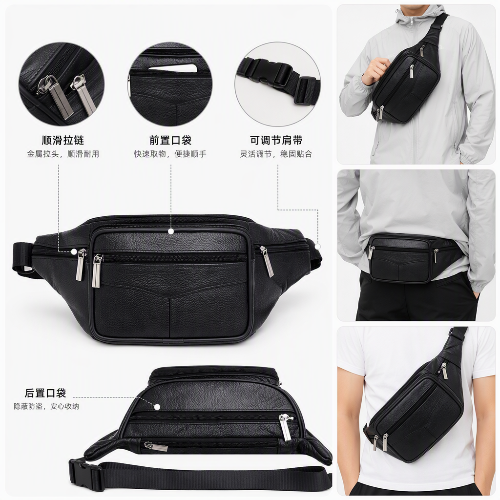 Fashionable and simple top layer cowhide waist bag, multi-functional casual men's and women's waist strap bag, trendy and versatile leather small bag