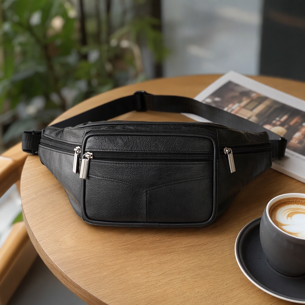Fashionable and simple top layer cowhide waist bag, multi-functional casual men's and women's waist strap bag, trendy and versatile leather small bag details Picture