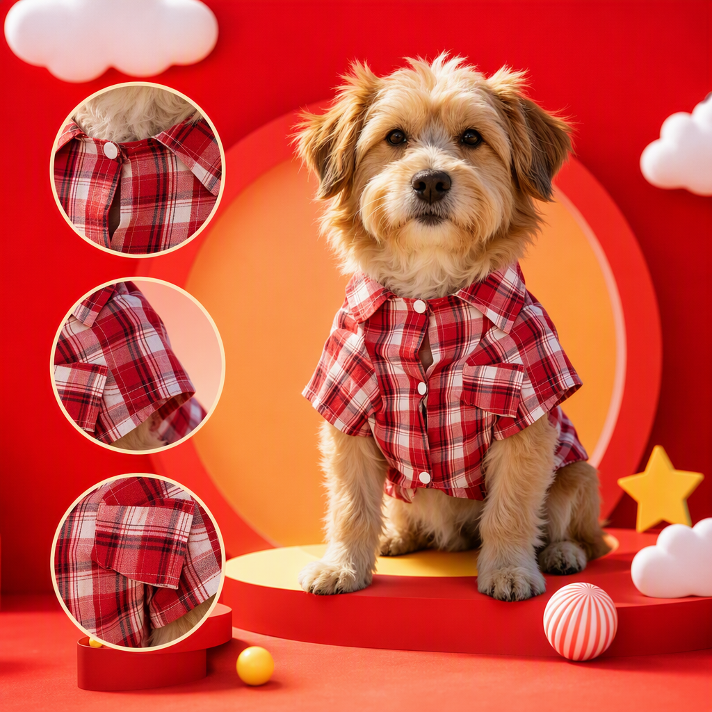 Perro ropa de perro pequeño ropa de gato legging estilo de primavera camisa de cuadros rojos sentarse en la playa pet artículos periféricos casual lindo pet wear match Specification image