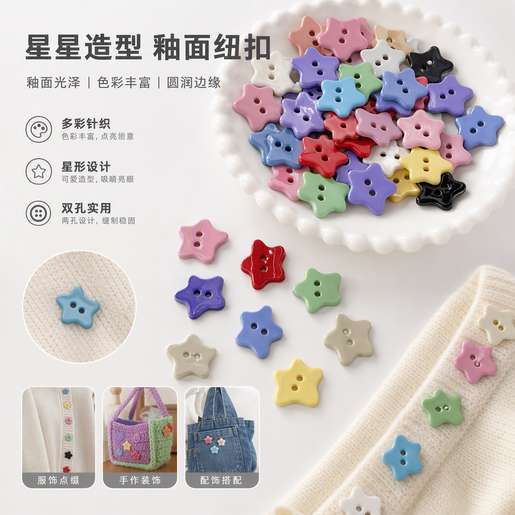多彩星星造型纽扣儿童服装装饰配件DIY手工扣子创意配饰彩色纽扣五角星两眼儿童衬衫毛衣针织开衫装饰扣可爱星星异形装饰扣