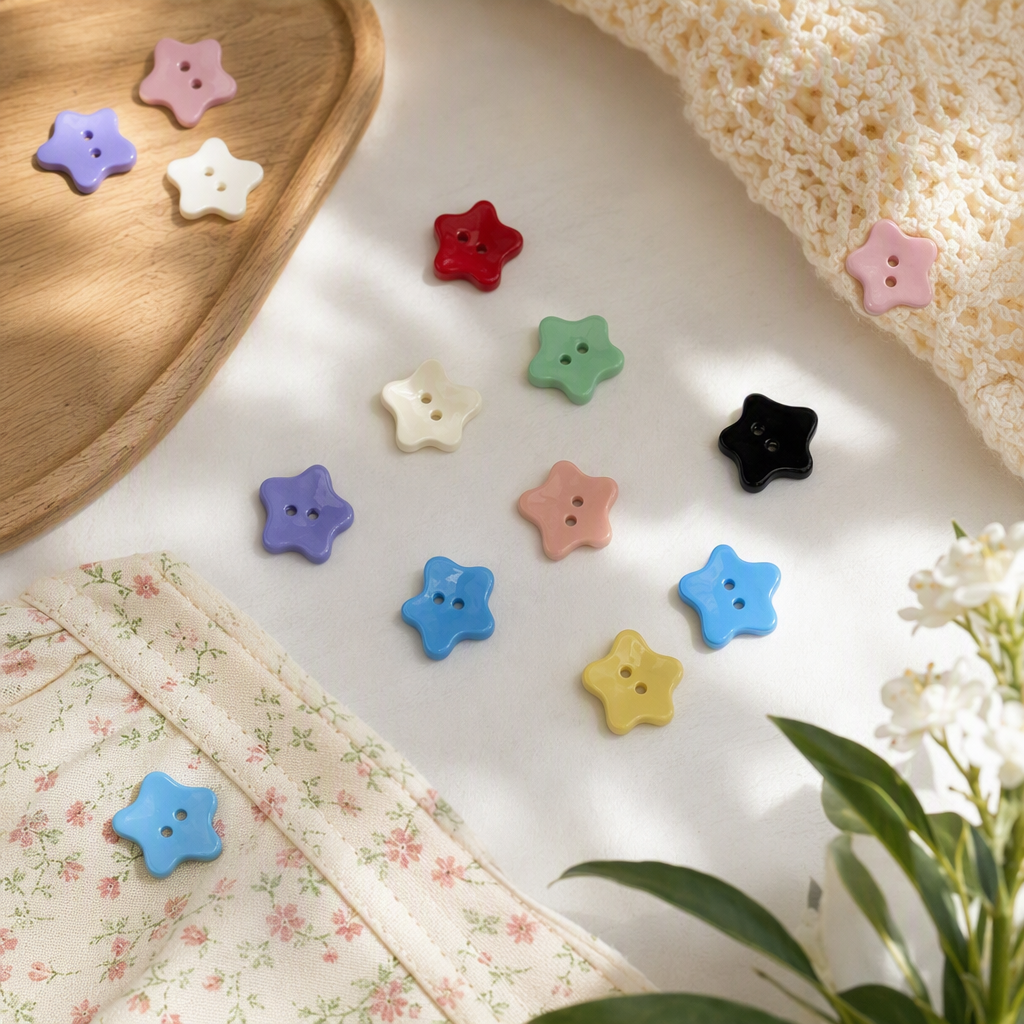 Colorful star-shaped button children's clothing decorative accessories DIY handmade button creative accessories Colorful buttons five-pointed star two-eye children's shirt sweater knitted cardigan decorative buttons Cute star-shaped irregular-shaped decorative buttons details Picture