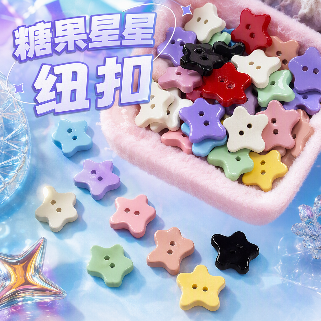 Colorful star-shaped button children's clothing decorative accessories DIY handmade button creative accessories Colorful buttons five-pointed star two-eye children's shirt sweater knitted cardigan decorative buttons Cute star-shaped irregular-shaped decorative buttons Specification image