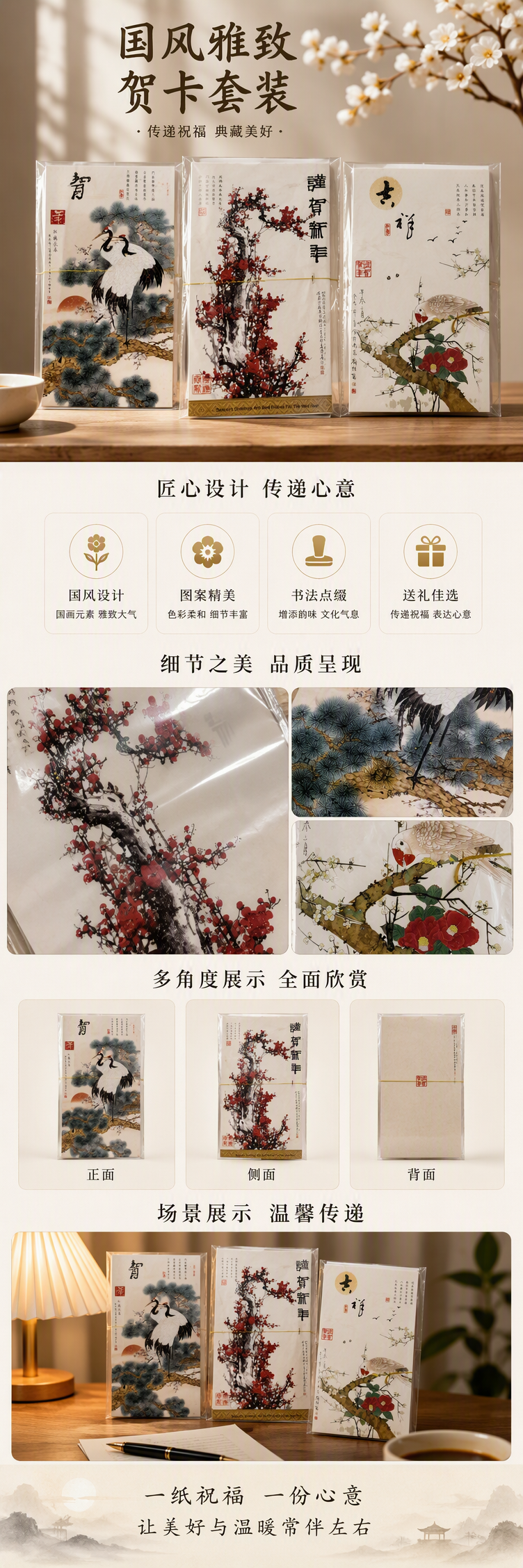 传统中式年画三幅套装松鹤延年梅花迎春花鸟栖枝装饰画风格浓郁详情1