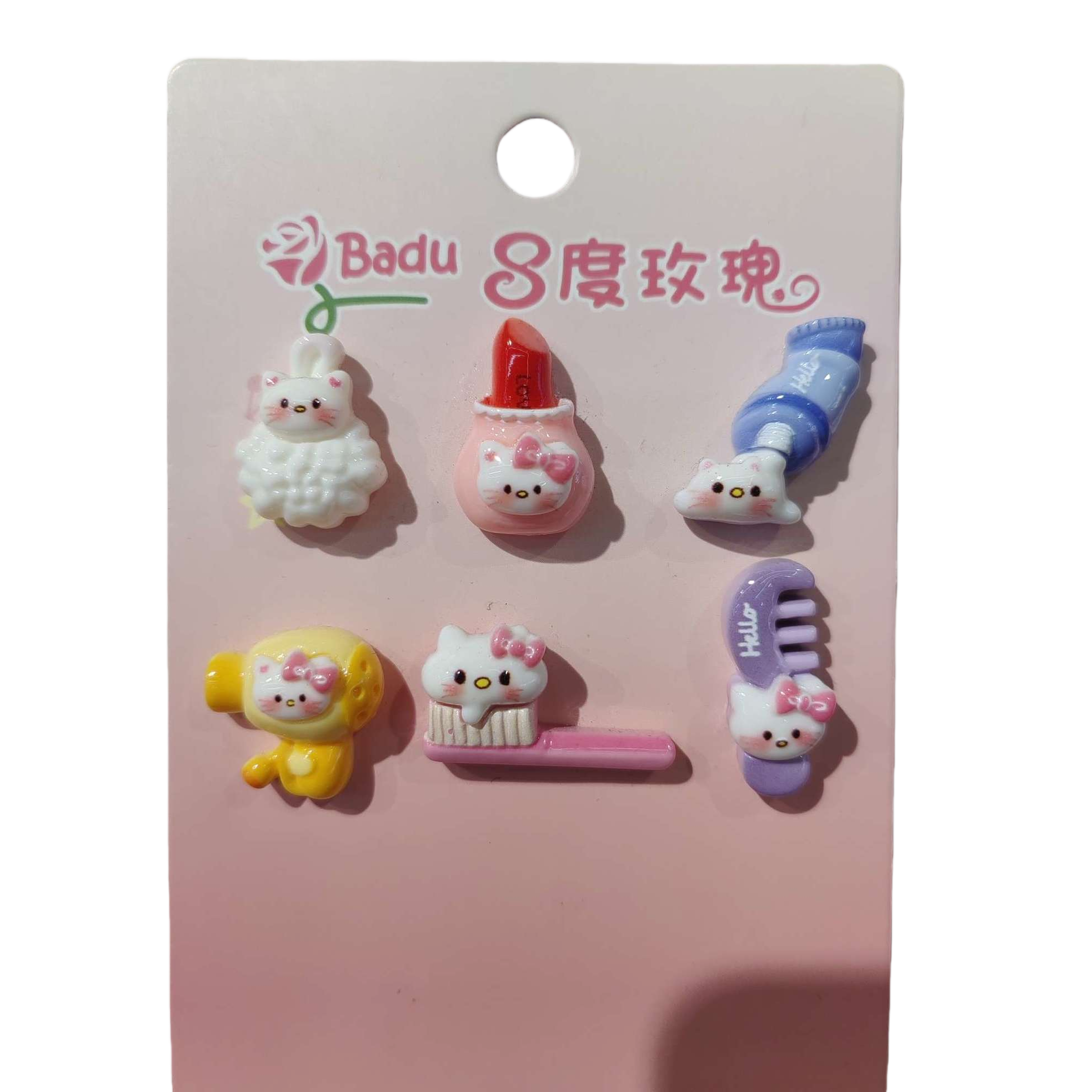 Six sets of Hello Kitty-themed cute hair accessories: rabbit lipstick, toothpaste, panda toothbrush, comb-shaped hair clip and decorative items Item Picture