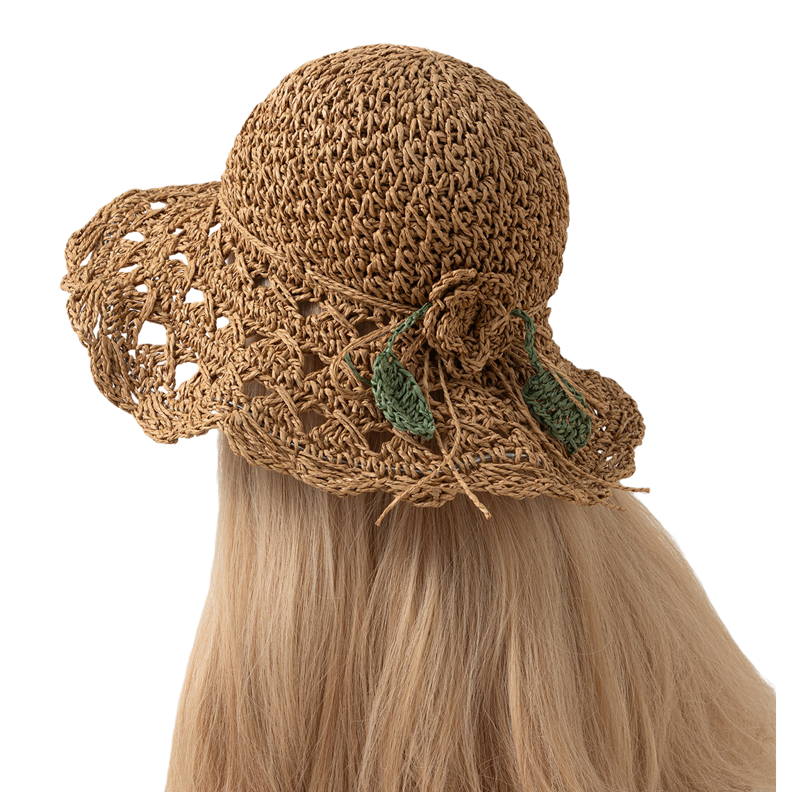 A blonde model showcases a fashionable and casual straw-woven hat, presenting a versatile summer sun hat for children Item Picture