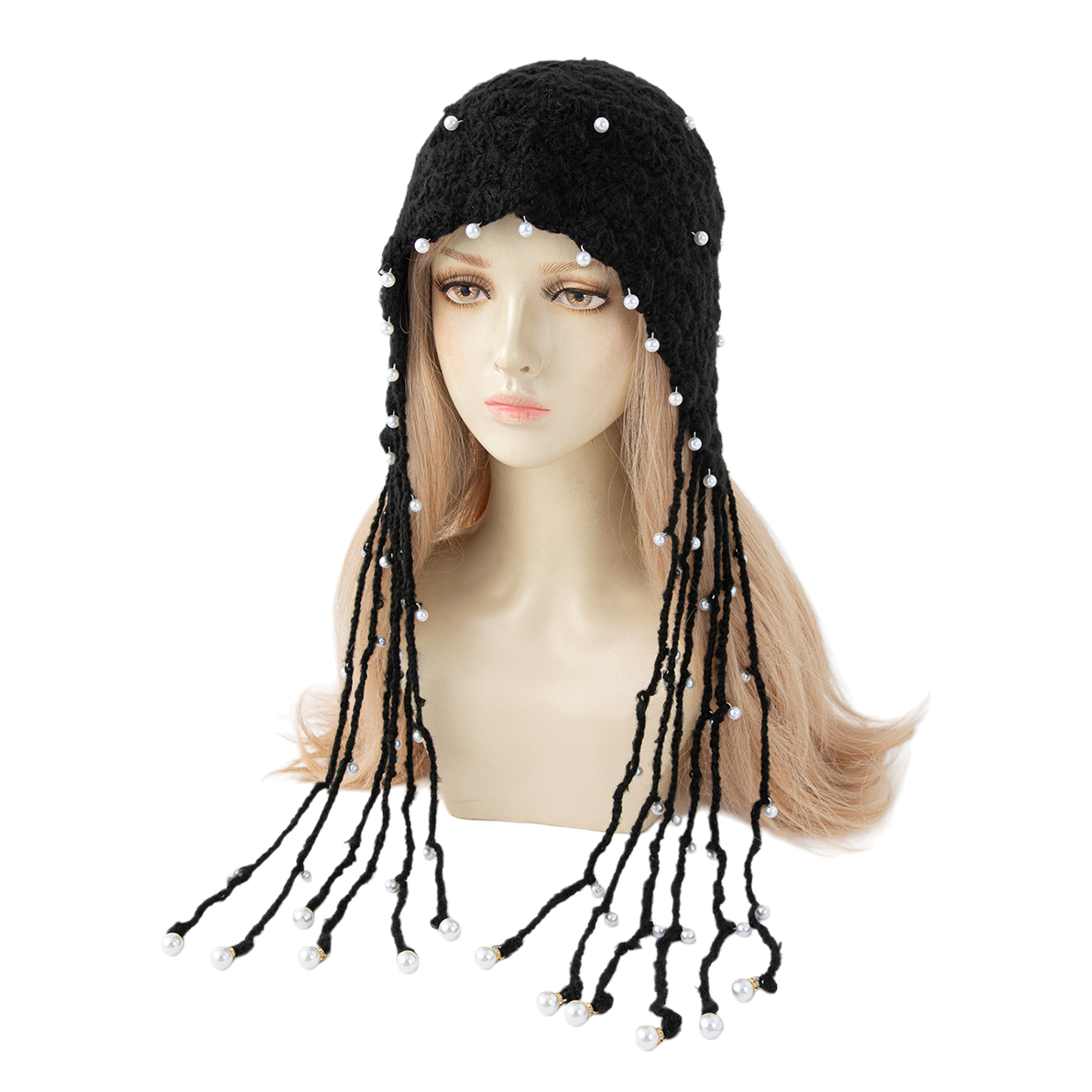 Fashionable black pearl tassel knitted hat, trendy and versatile. Model wearing accessories on the head, winter warm hat Item Picture