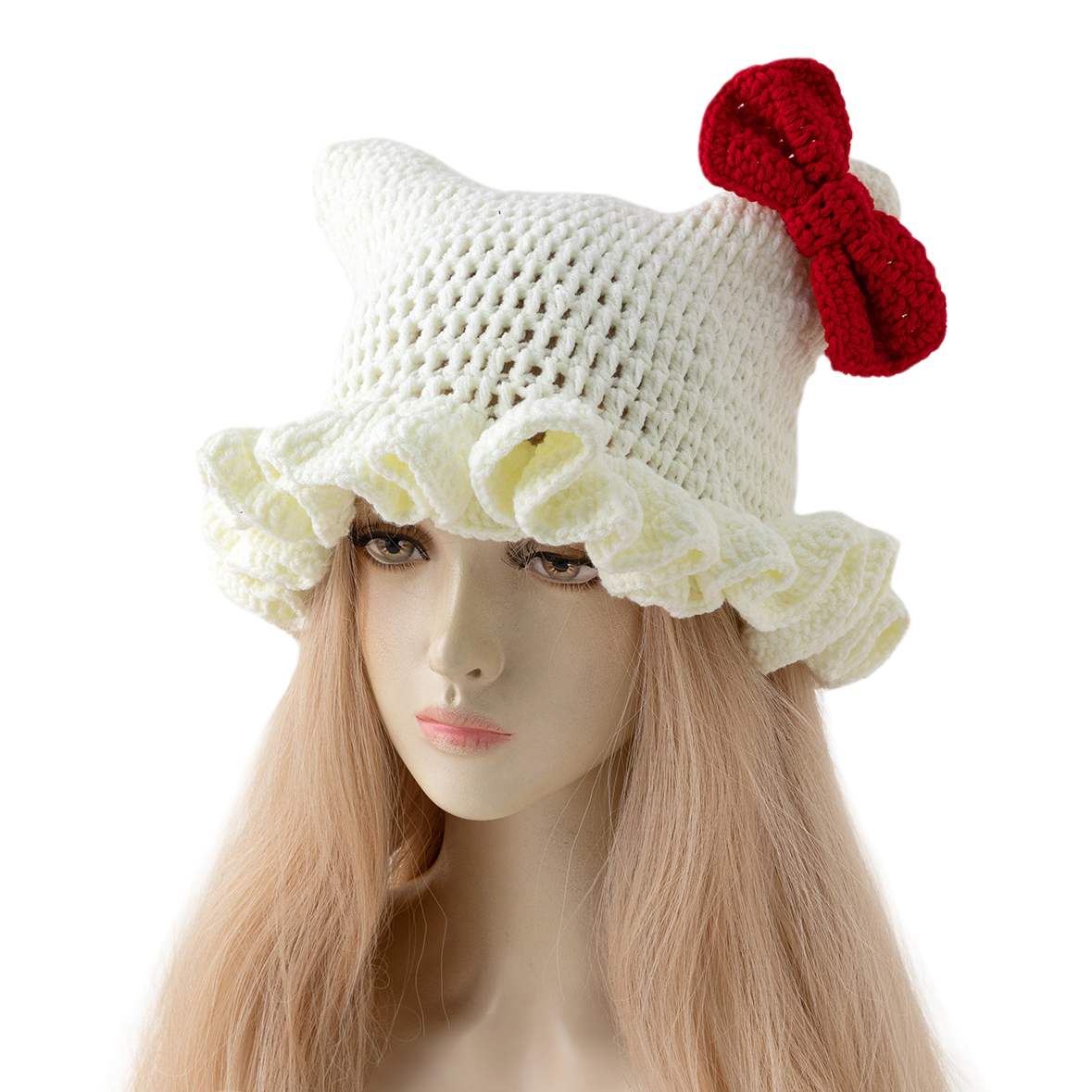 A cute winter warm woolen hat with white crochet cat ears and a red bow, a trendy and versatile Korean style for girls Item Picture