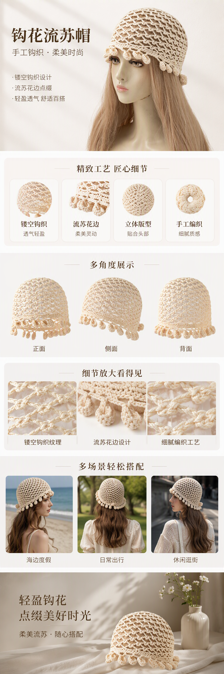 米色钩针编织头饰时尚百搭模特展示柔软舒适手工编织配饰潮流新品详情1
