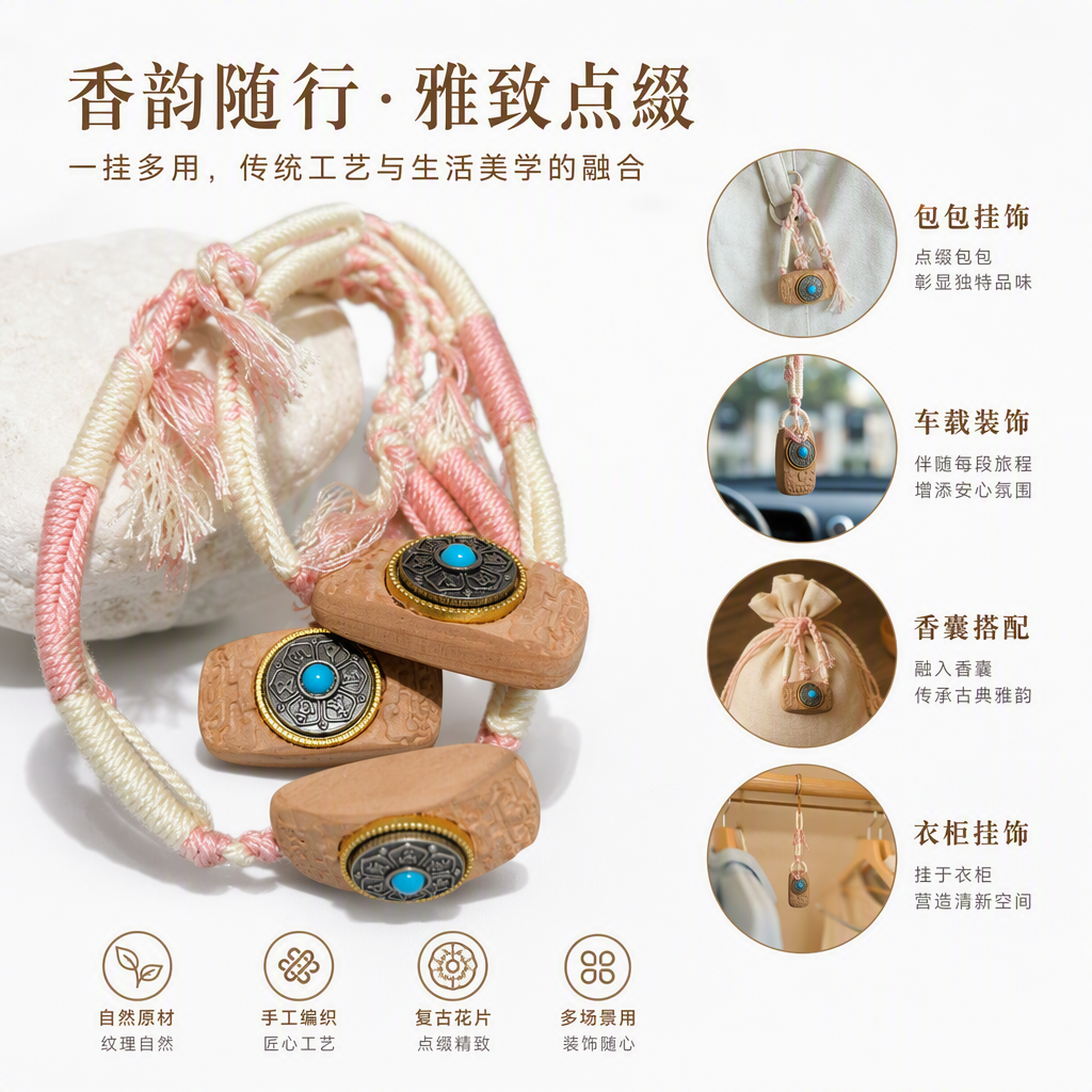 手握粉色米色编织绳搭配木质佛珠挂饰蓝松石嵌饰藏文金属装饰品