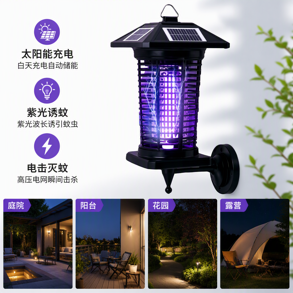High-efficiency and environmentally friendly solar mosquito-killing lamp, black insect repellent and mosquito repellent, for outdoor use at night, battery-free