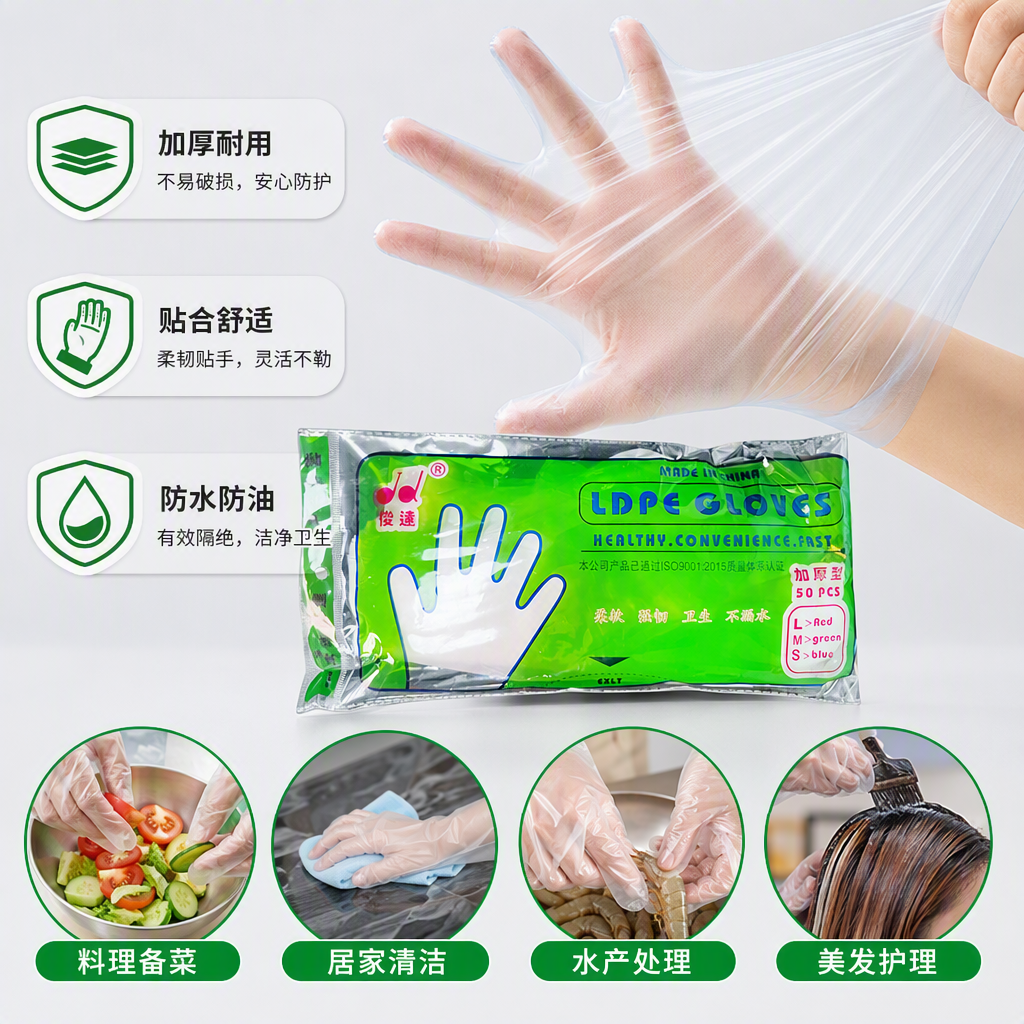 High-quality CPE gloves, disposable food-grade gloves, hygiene products, protective and durable gloves, oil-proof and water-proof, multi-purpose Junda gloves Application Scenario