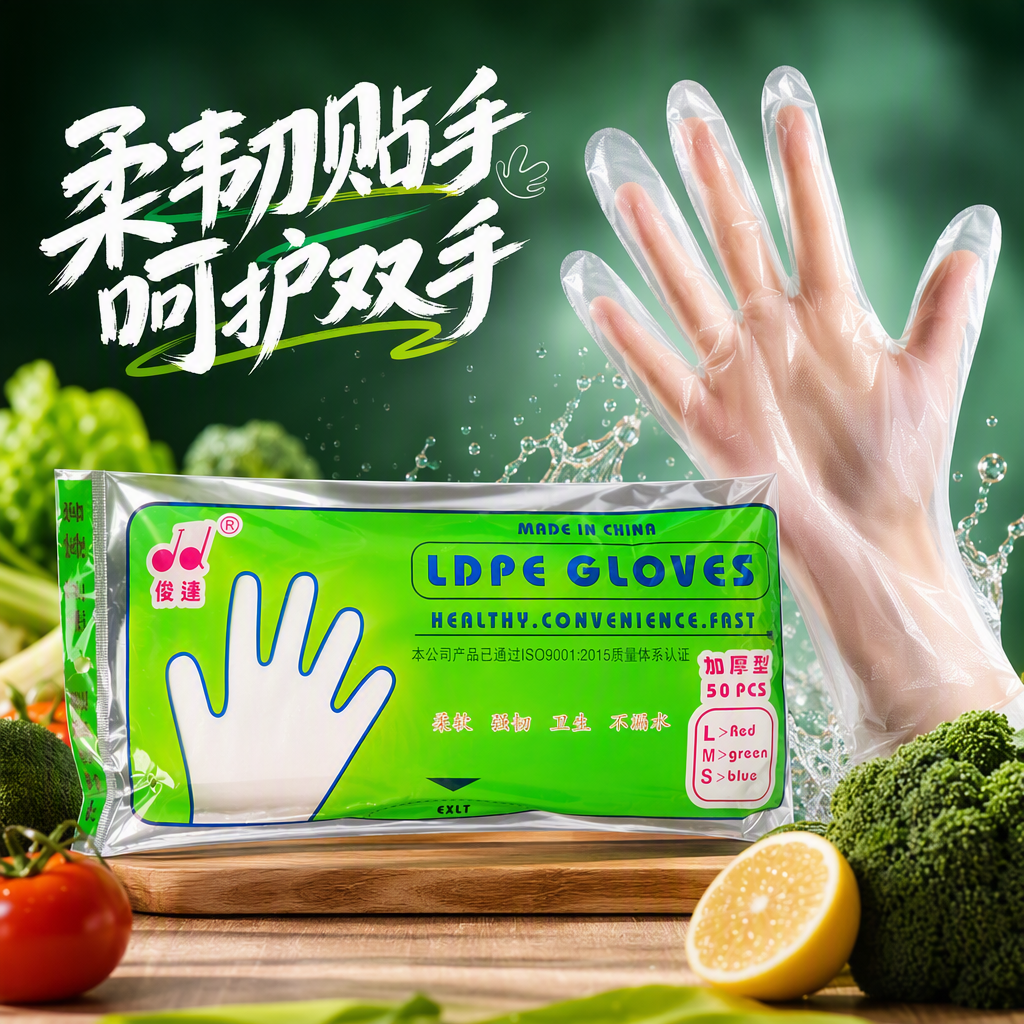 High-quality CPE gloves, disposable food-grade gloves, hygiene products, protective and durable gloves, oil-proof and water-proof, multi-purpose Junda gloves