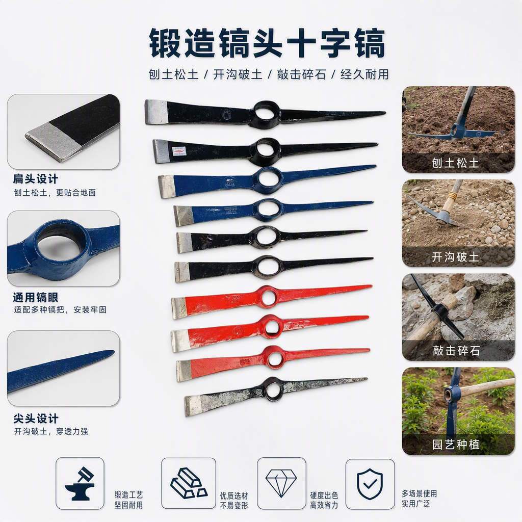The multi-color manual pickaxe is a versatile gardening tool that is sturdy and durable, suitable for excavation and trimming construction sites