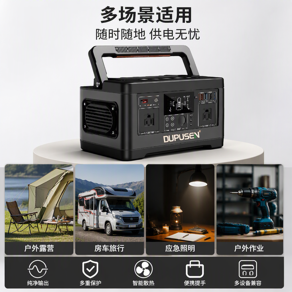 Multi-functional black portable power station, large-capacity outdoor emergency mobile charger, portable battery pack