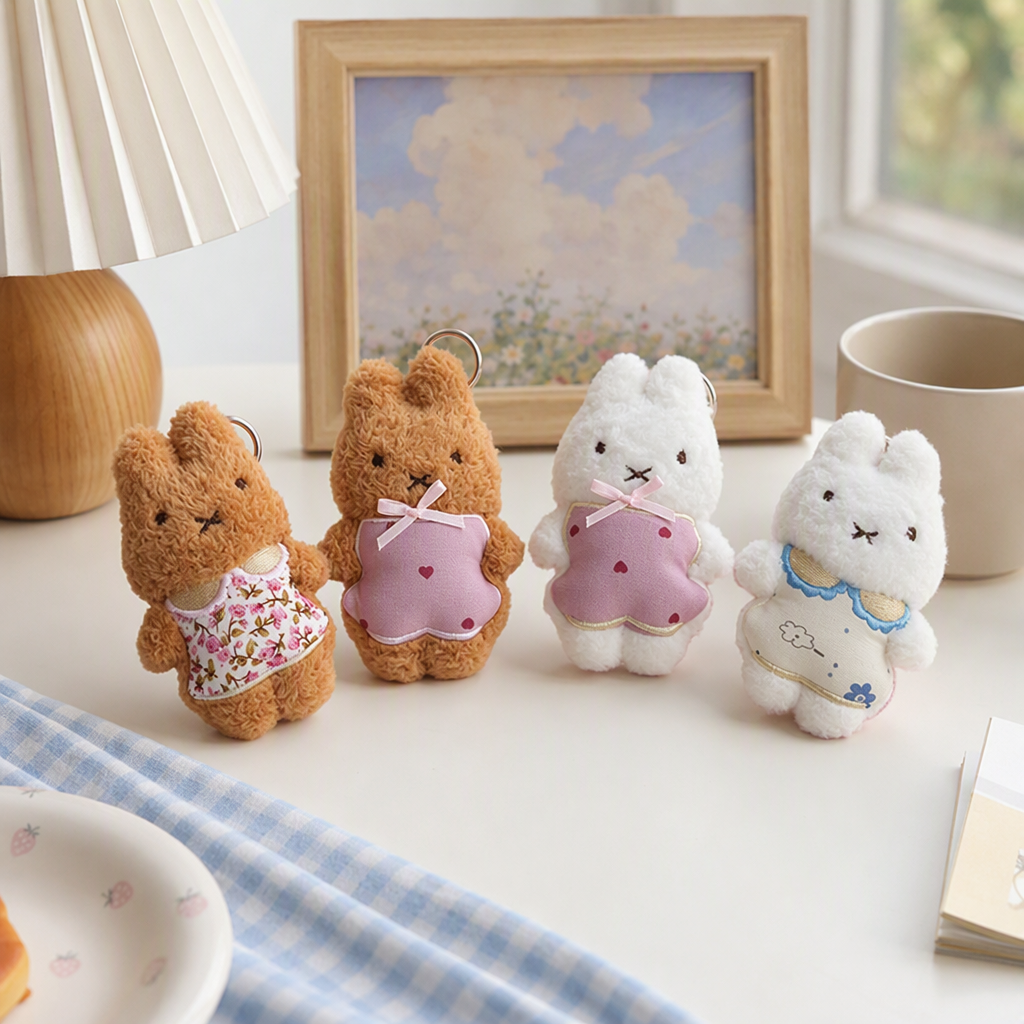 Cute cream rabbit Miffy rabbit plush toy DIY pendant keychain, export wholesale plush pendant, dressing ins cute plush rabbit keychain, Mother's Day gift, multiple apron-shaped keychain accessories and ornaments details Picture