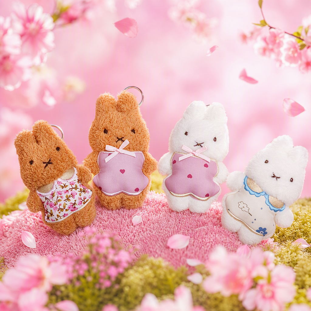 Cute cream rabbit Miffy rabbit plush toy DIY pendant keychain, export wholesale plush pendant, dressing ins cute plush rabbit keychain, Mother's Day gift, multiple apron-shaped keychain accessories and ornaments Application Scenario