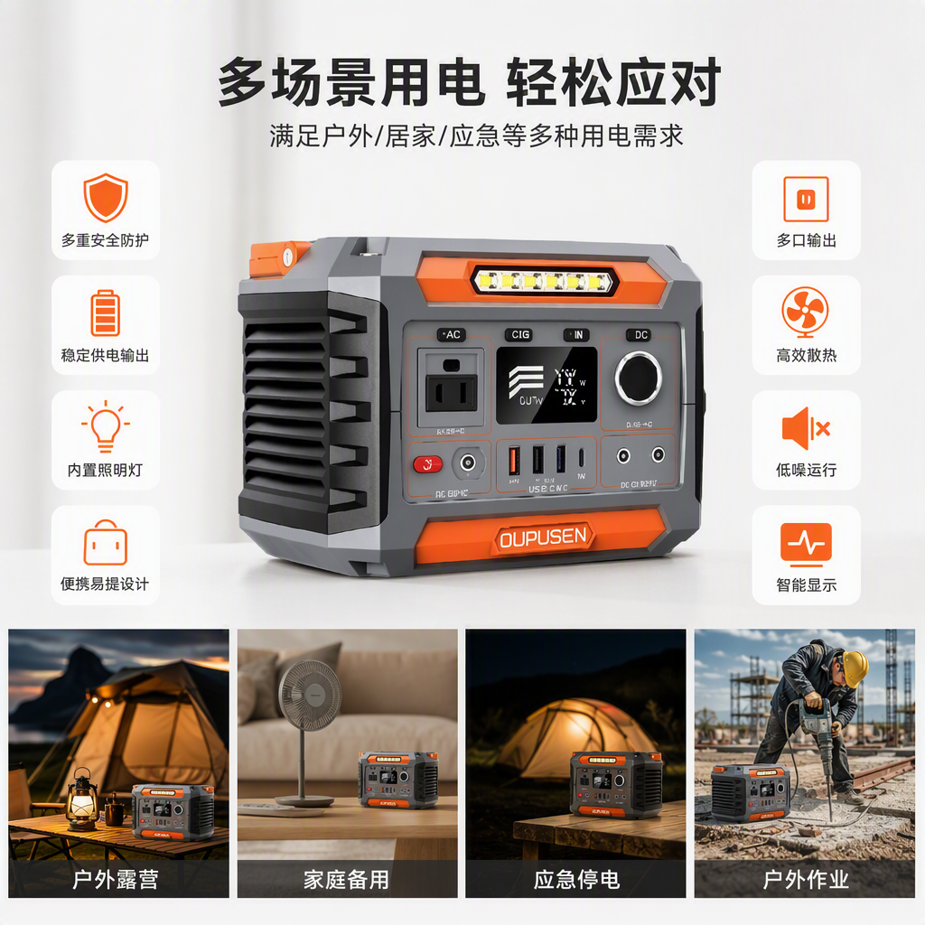 The multi-functional portable power bank in gray and orange is compact and lightweight, suitable for multiple devices