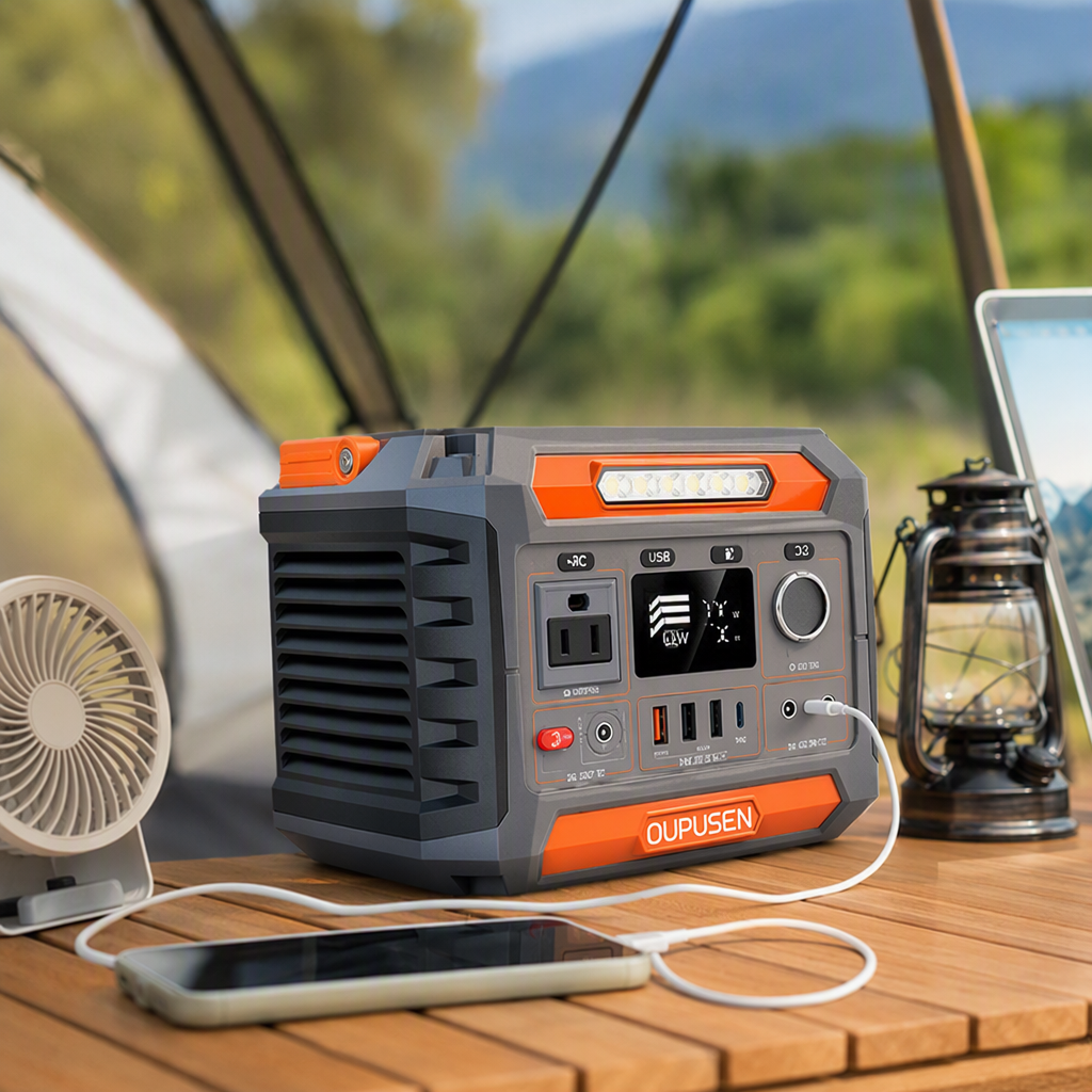 The multi-functional portable power bank in gray and orange is compact and lightweight, suitable for multiple devices details Picture