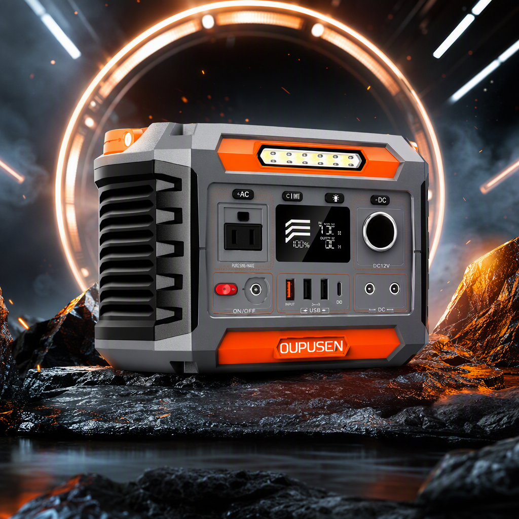 The multi-functional portable power bank in gray and orange is compact and lightweight, suitable for multiple devices Specification image