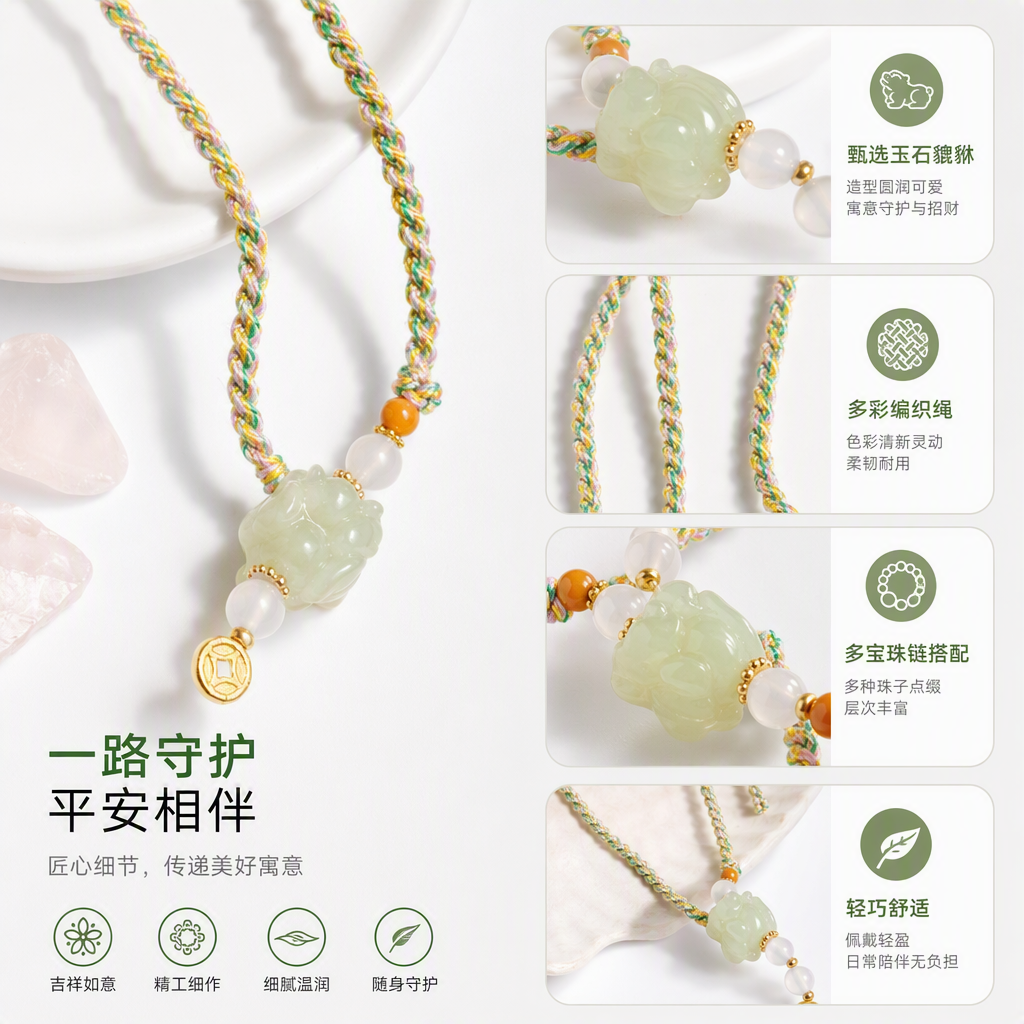 多彩编织绳手链玉雕小兽挂件时尚潮流手饰情侣款个性创意礼物