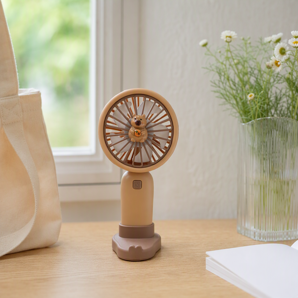 Beige cartoon bear portable charging fan silent mini desktop summer cooling supplies for student dormitories details Picture