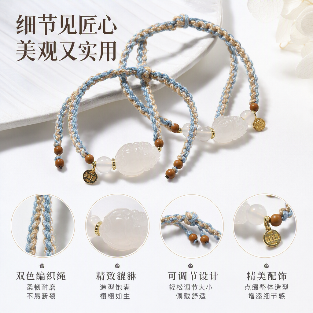 手工编织绳手链搭配玉雕佛像吊坠时尚个性情侣款礼品送礼品饰品配饰