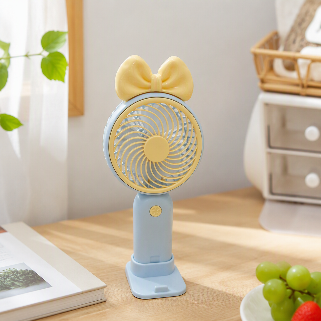 The fresh light blue bow fan is a portable, silent, handheld mini and fashionable student dormitory fan for summer details Picture