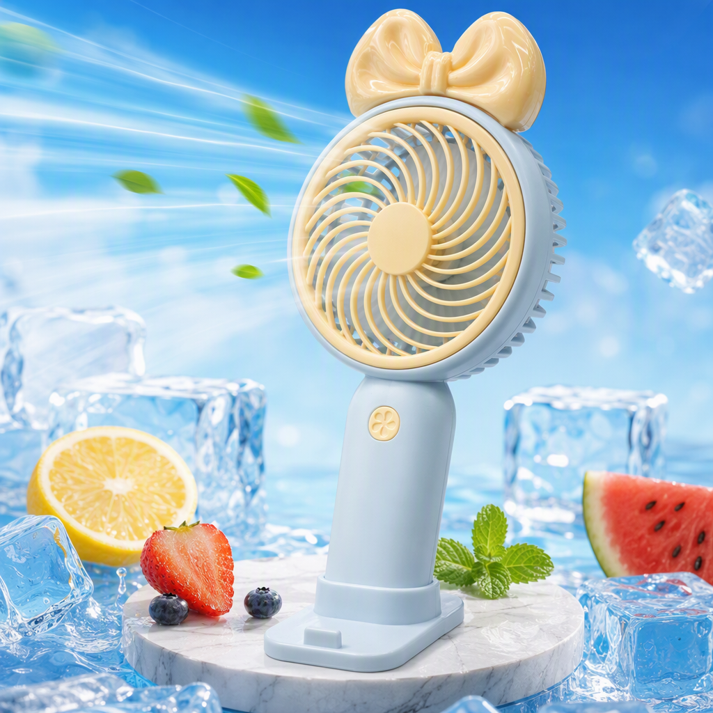 The fresh light blue bow fan is a portable, silent, handheld mini and fashionable student dormitory fan for summer Specification image