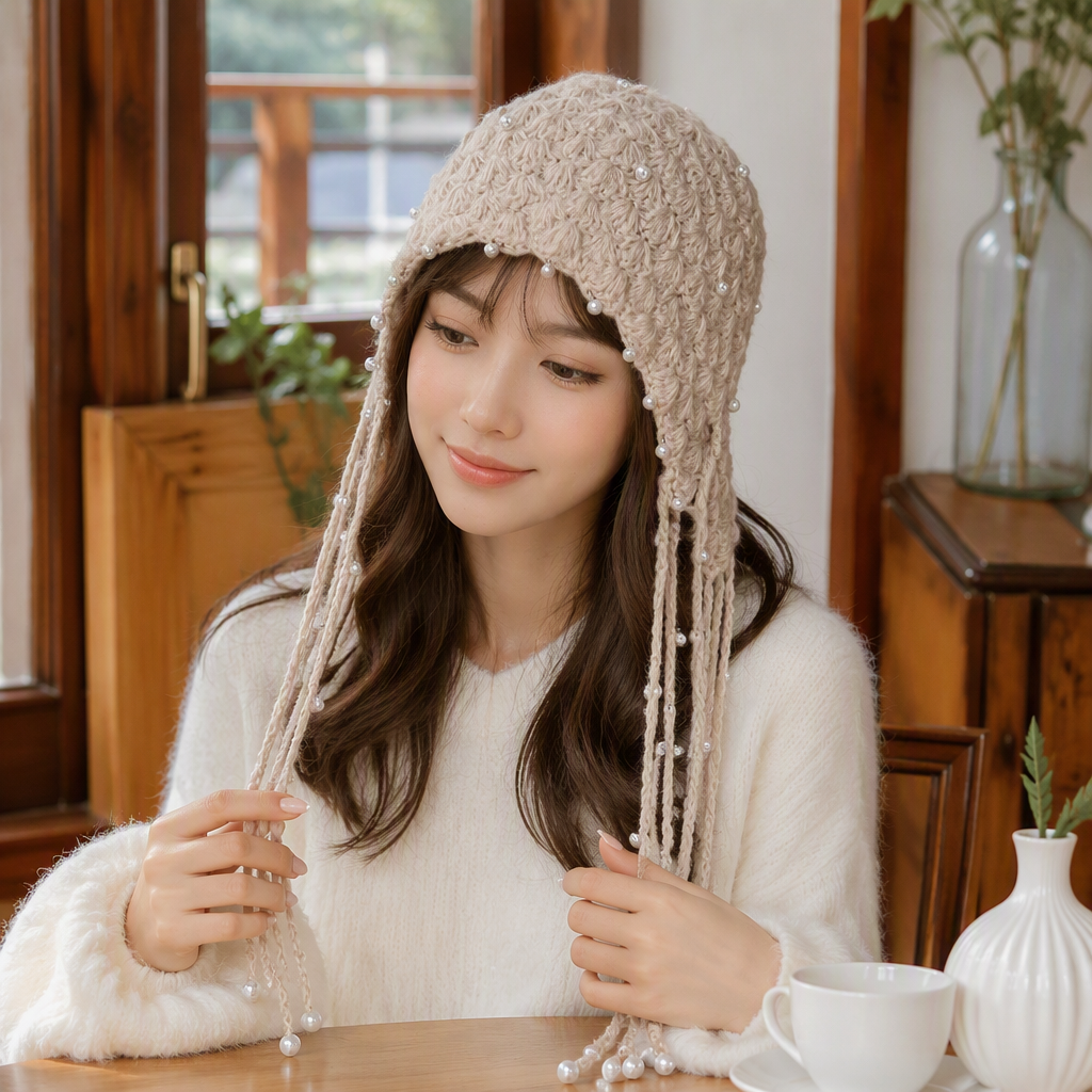 Fashionable black pearl tassel knitted hat, trendy and versatile. Model wearing accessories on the head, winter warm hat details Picture