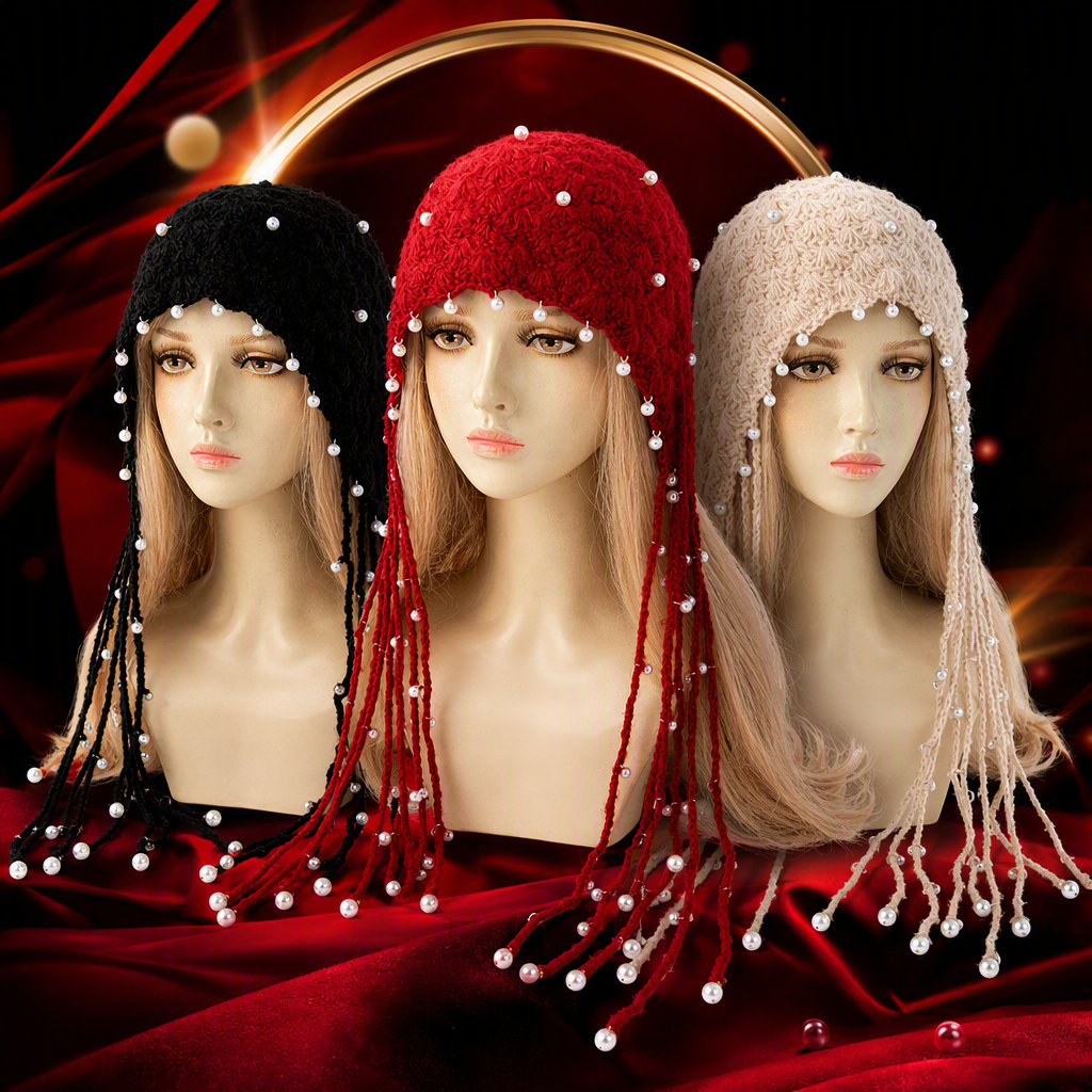 Fashionable black pearl tassel knitted hat, trendy and versatile. Model wearing accessories on the head, winter warm hat Specification image