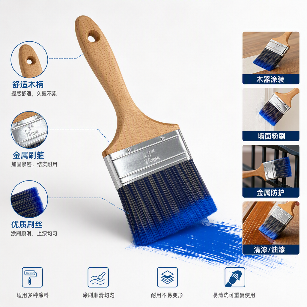 A multi-functional blue bristle wooden handle paint tool, five-piece paint brush, essential for home decoration