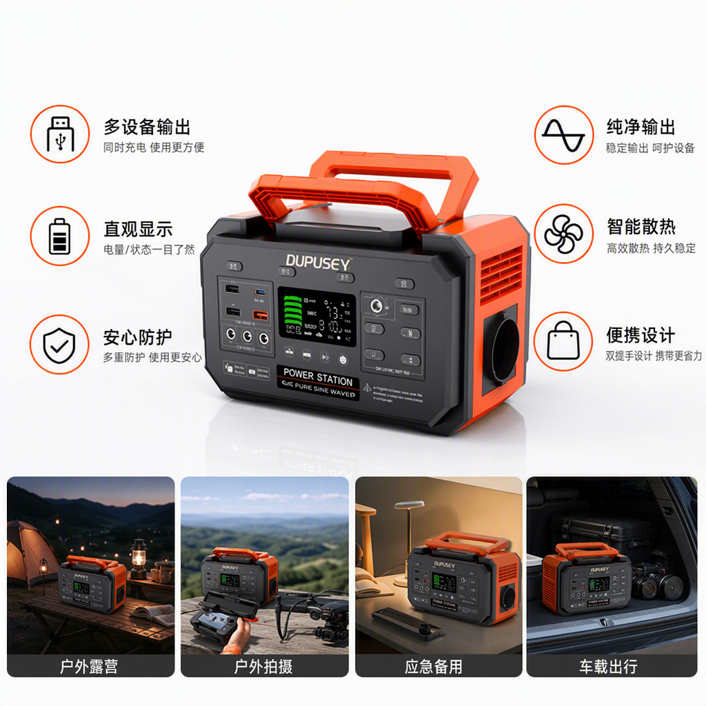 Portable emergency power station with orange and black color scheme, multi-functional outdoor mobile power bank, large-capacity portable device