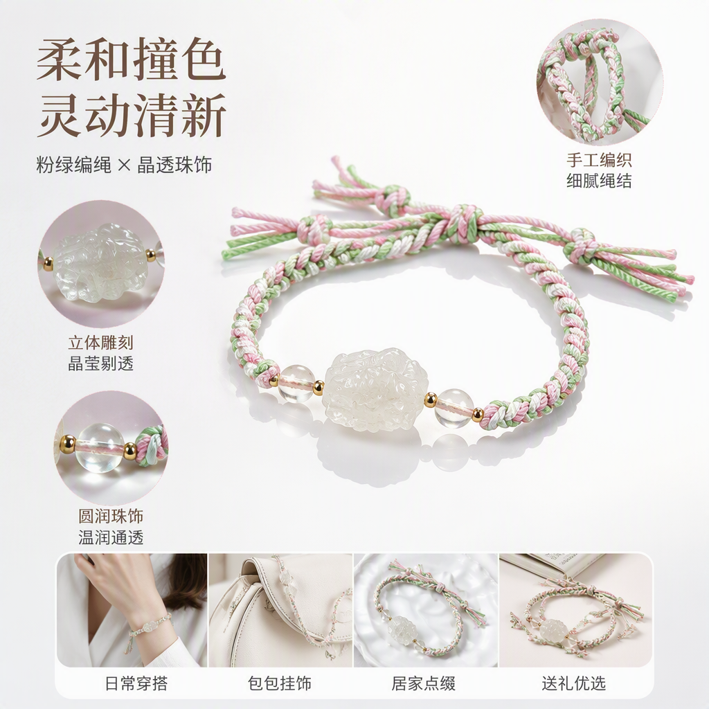 彩色编织手绳搭配玉石雕件手工饰品时尚潮流情侣款送礼品