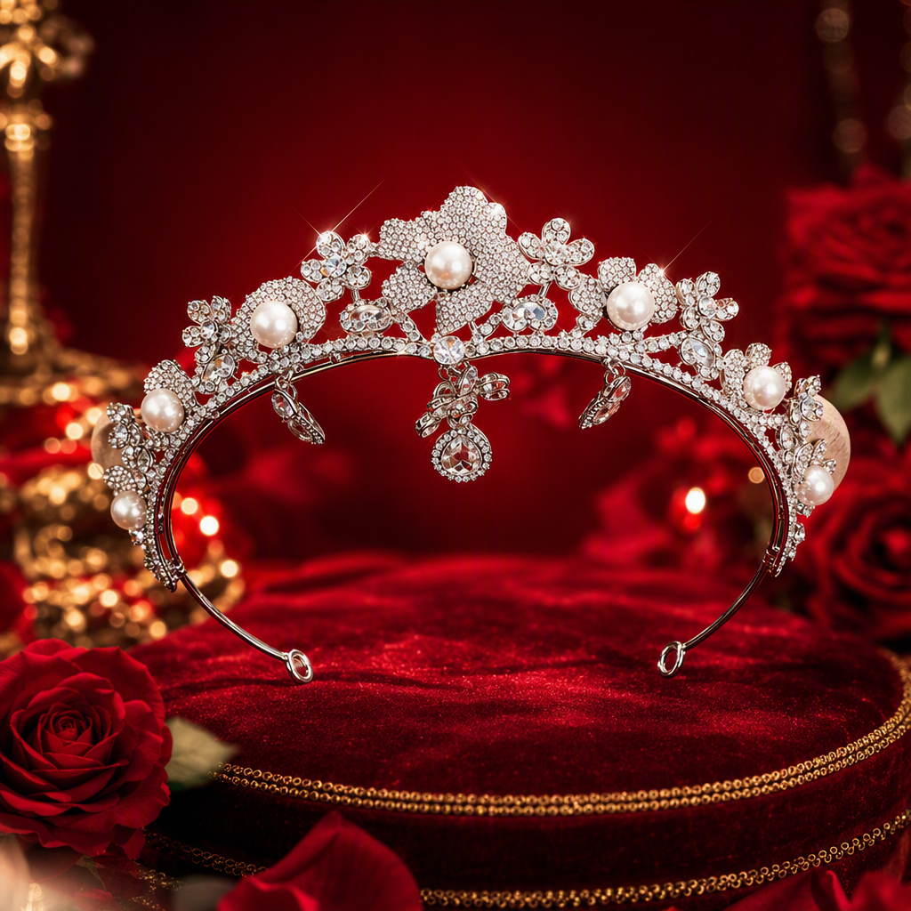 Shining silver diamond-encrusted pearl flower crown headwear, elegant wedding bride's hair accessory, headwear and accessories Specification image