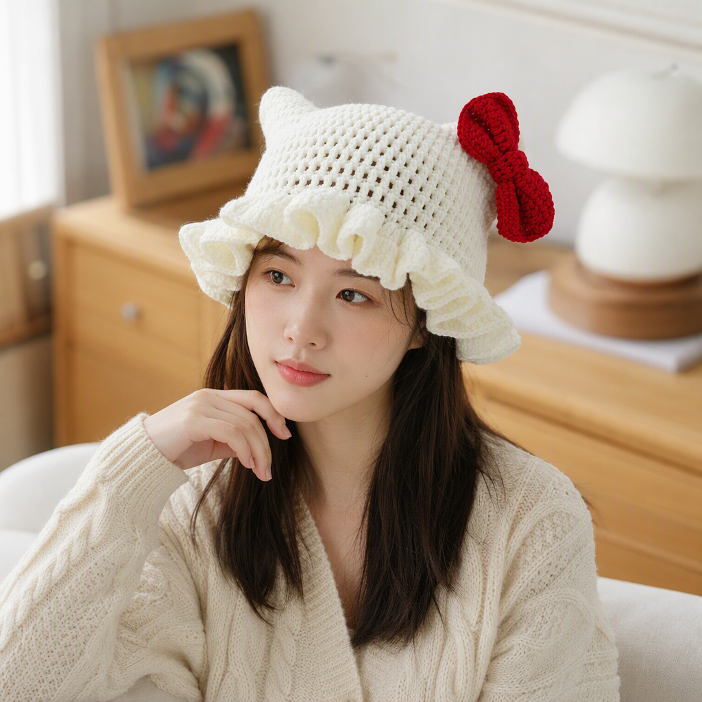 A cute winter warm woolen hat with white crochet cat ears and a red bow, a trendy and versatile Korean style for girls details Picture