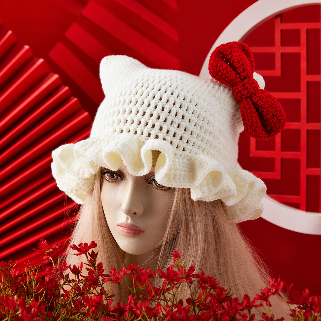 A cute winter warm woolen hat with white crochet cat ears and a red bow, a trendy and versatile Korean style for girls Specification image