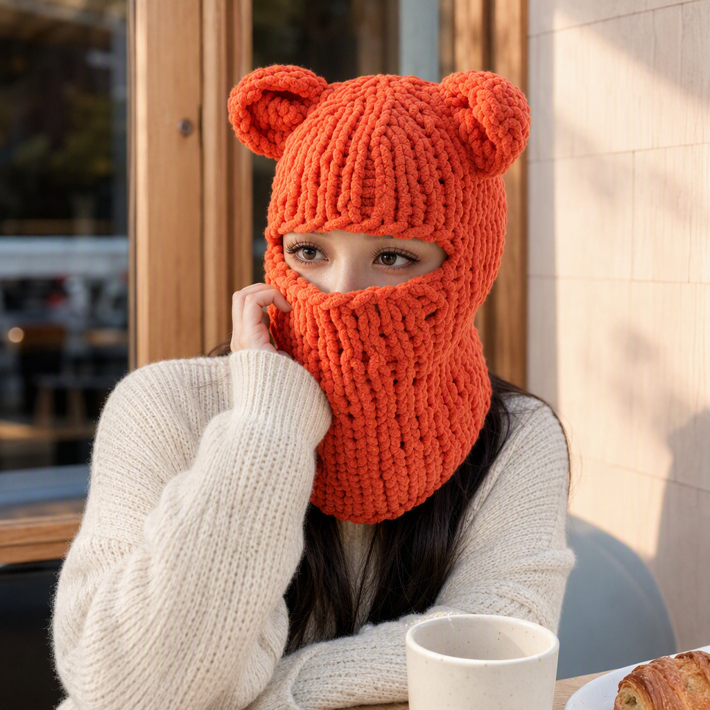 The warm orange woolen bear ear mask keeps you warm and windproof. It is fashionable and cute for outdoor skin care and face protection in winter details Picture