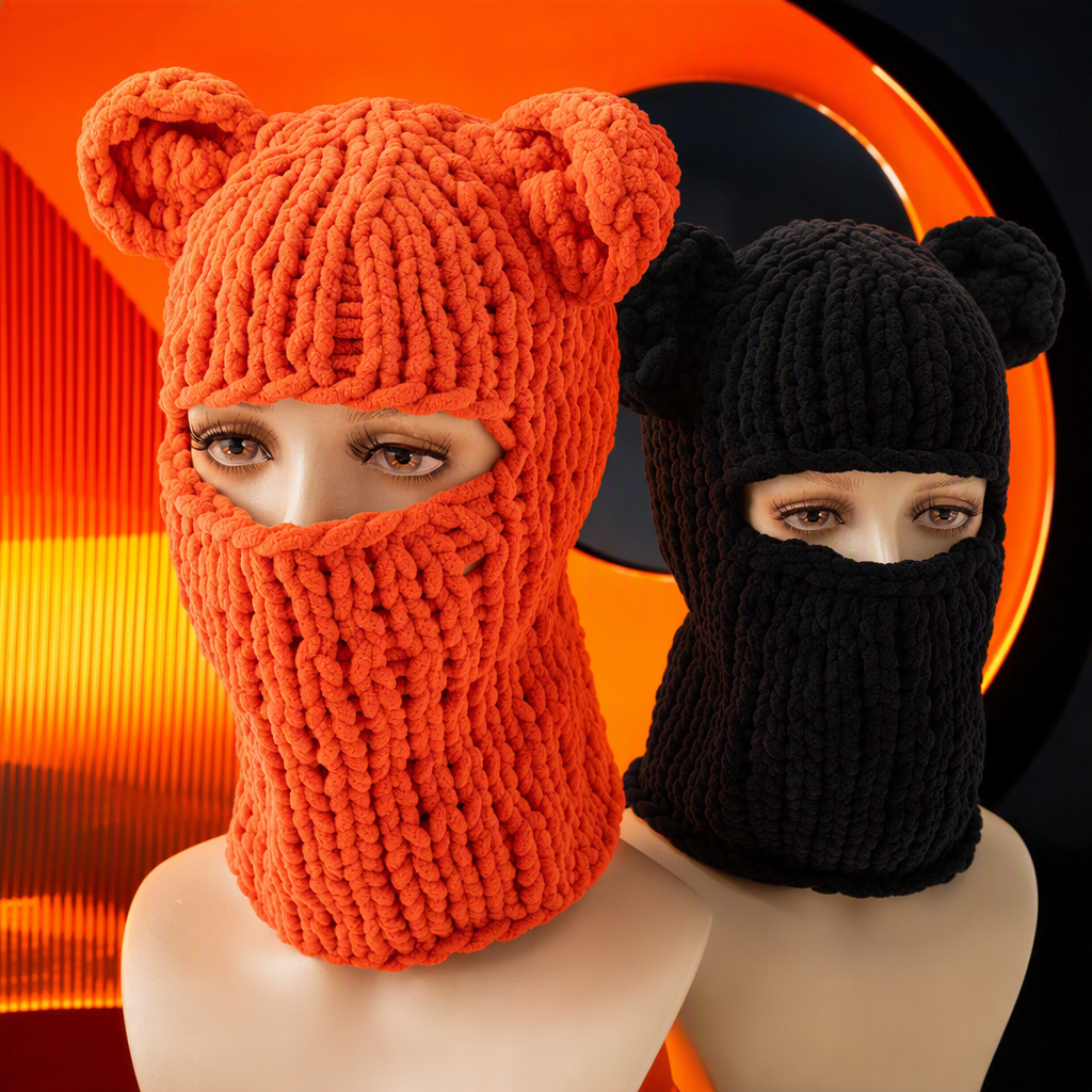 The warm orange woolen bear ear mask keeps you warm and windproof. It is fashionable and cute for outdoor skin care and face protection in winter Specification image