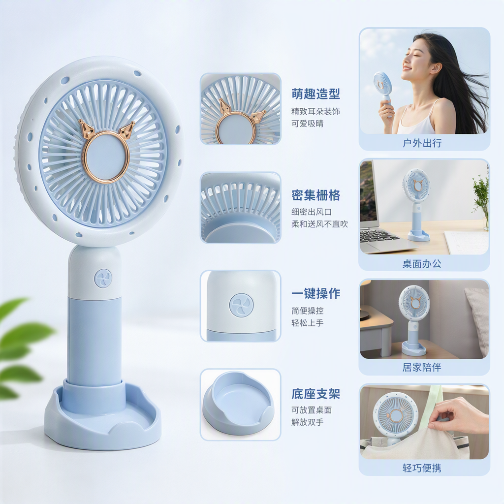 Mini portable silent handheld fan for summer coolness, battery-rechargeable light blue electric mini fan