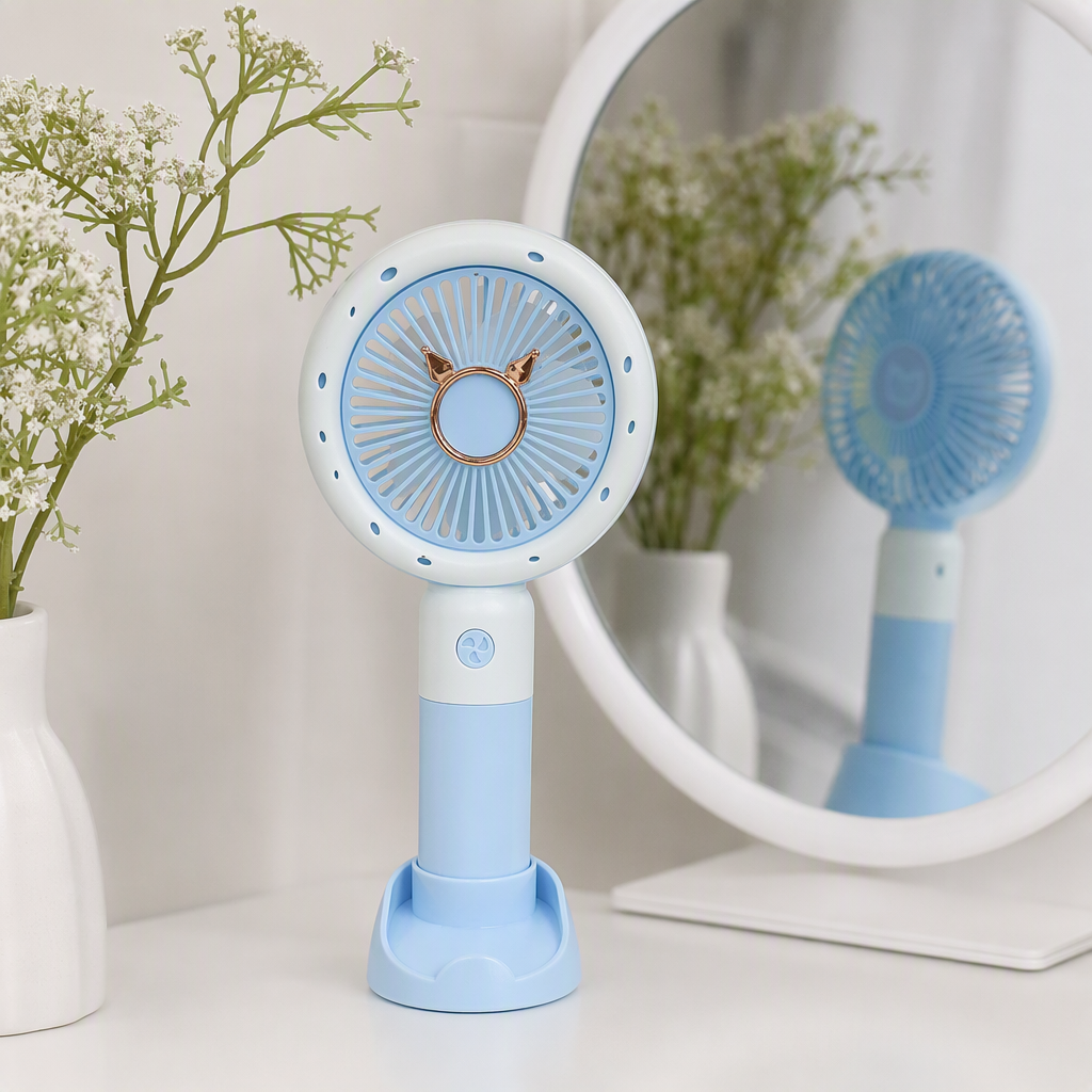 Mini portable silent handheld fan for summer coolness, battery-rechargeable light blue electric mini fan details Picture
